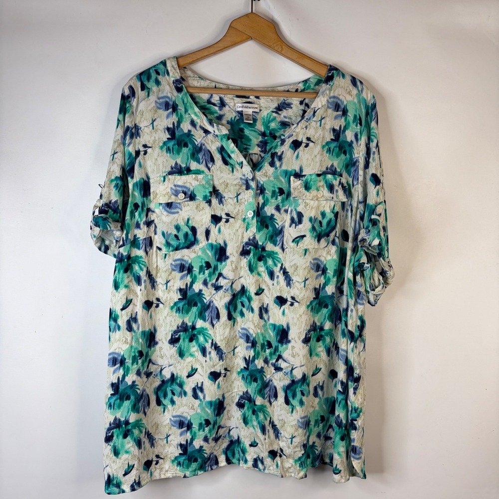 Croft & Barrow Henley Top Women 3X Teal Blue Floral Roll Tab Sleeve Pockets